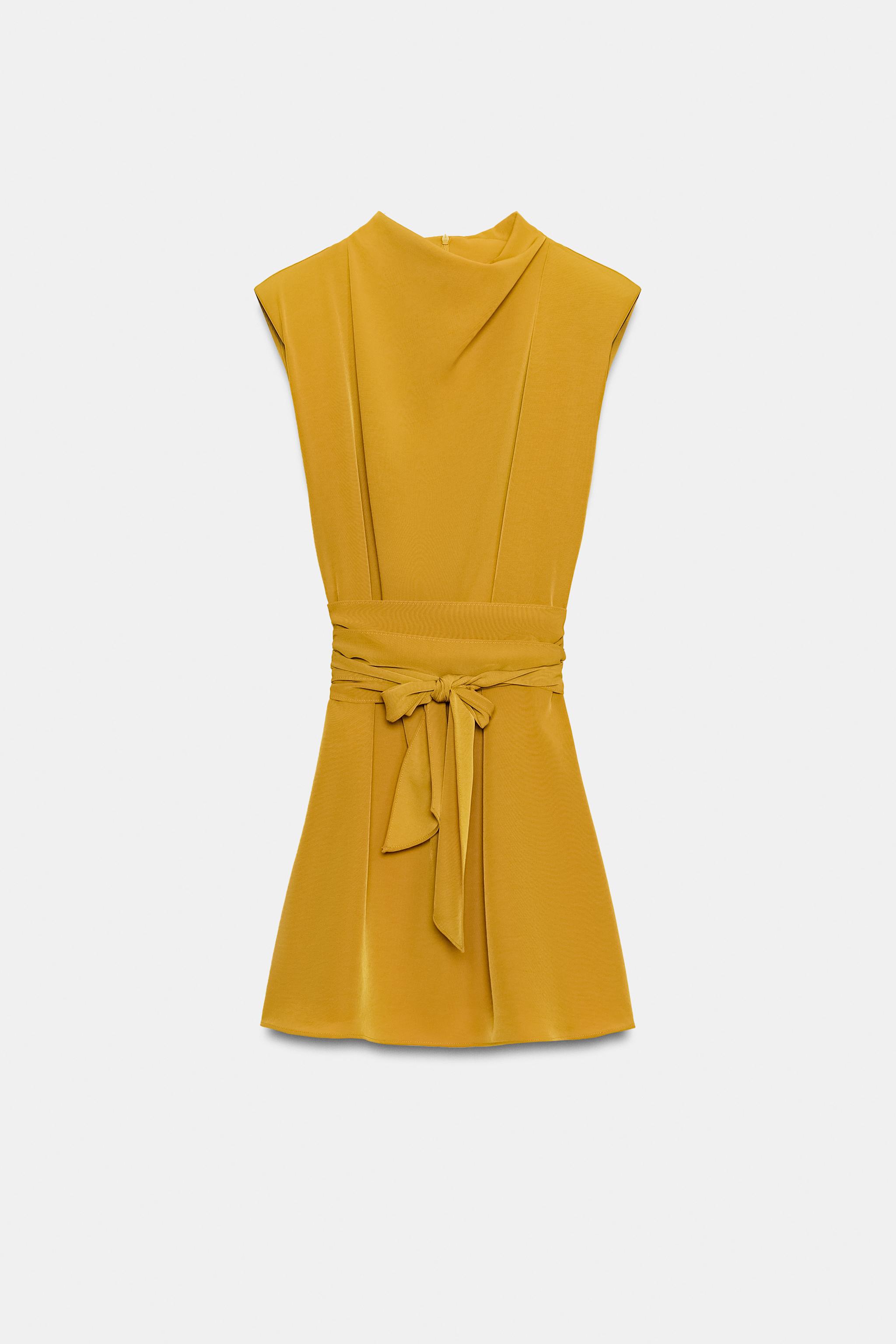 SHORT DRESS WITH TIE DETAIL AND SHOULDER PADS — Mustard