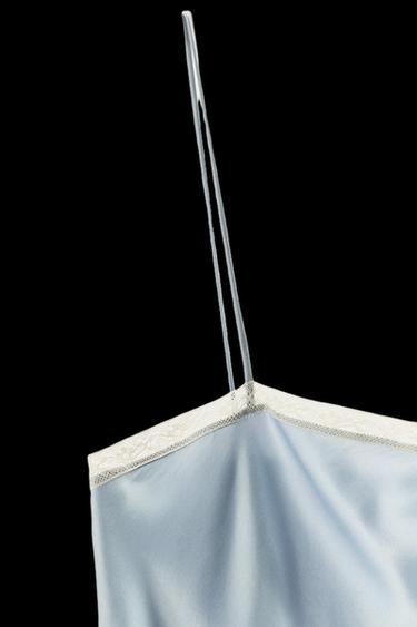 Zara 100% SILK LACE TRIM SLIP DRESS - Light blue marl