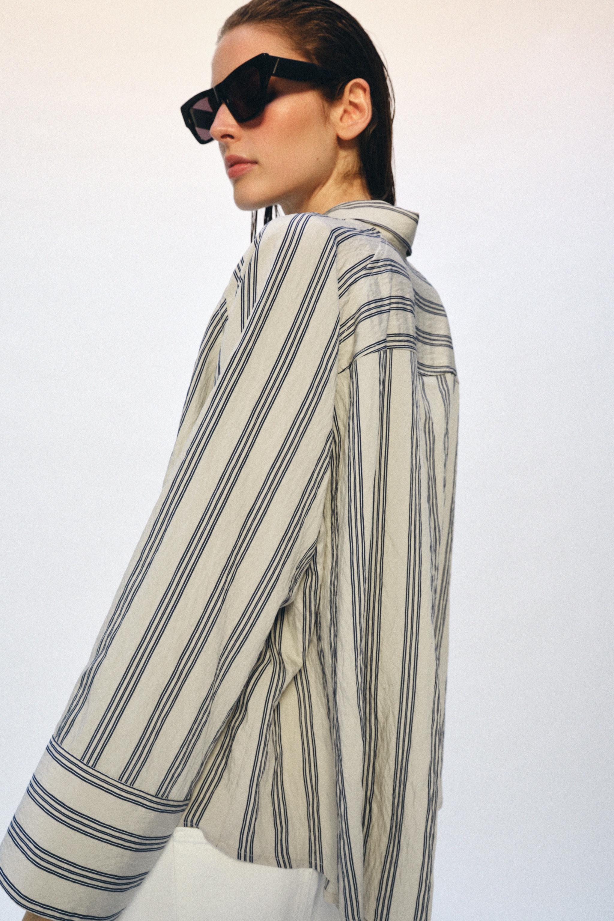 ZW COLLECTION OVERSIZED STRIPED SHIRT - Beige / Navy | ZARA United