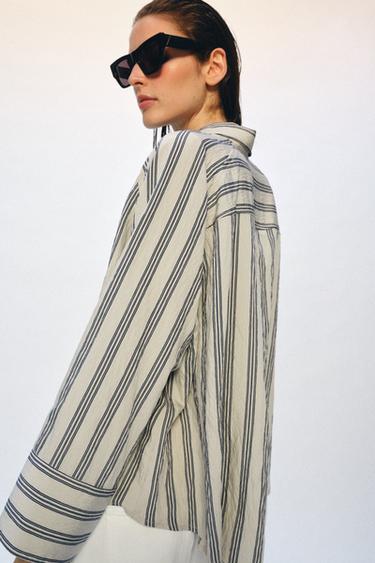 ZW COLLECTION OVERSIZE STRIPED SHIRT - Beige / Navy by Zara - Image 2