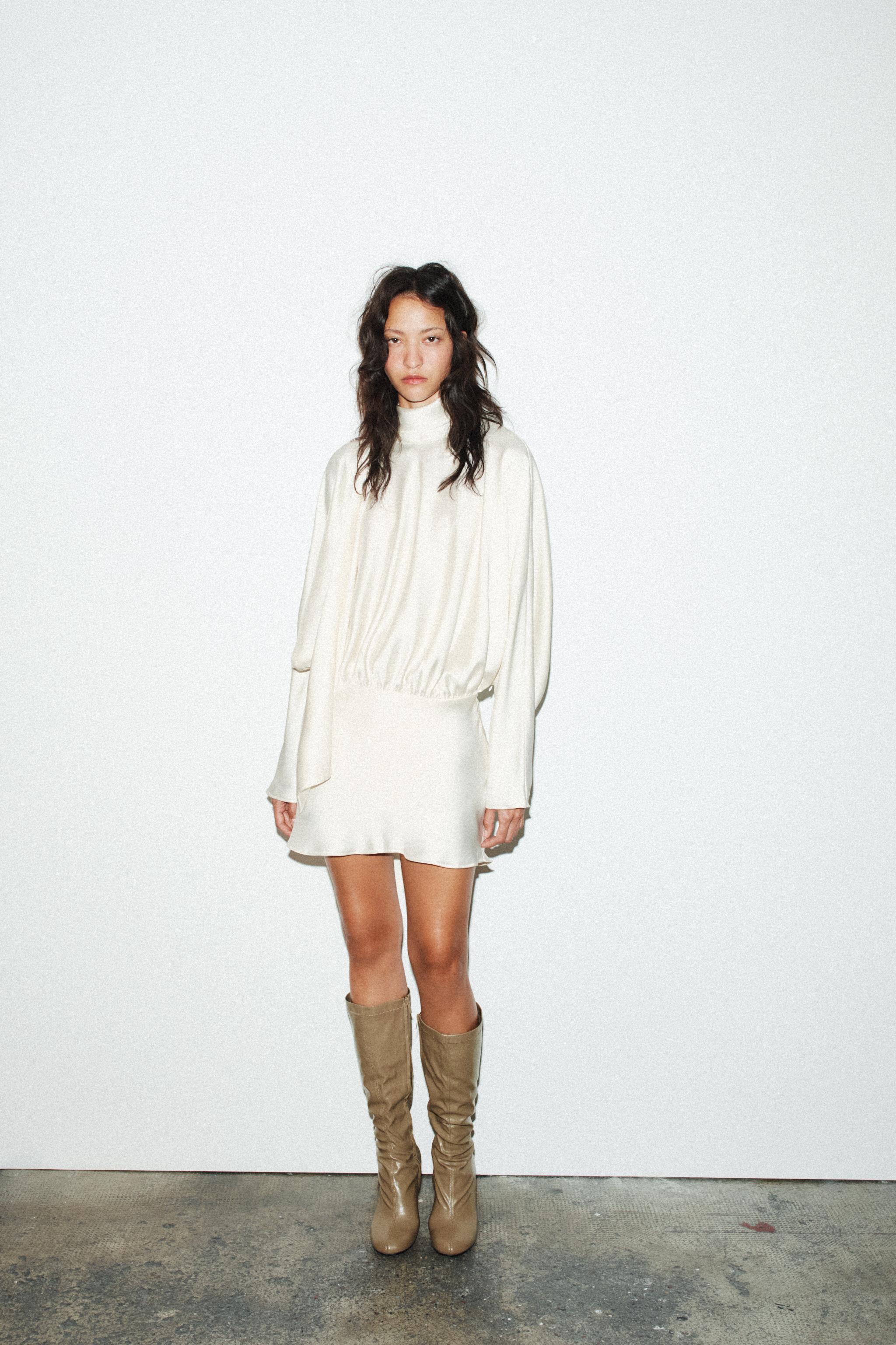 【新品未使用】スカーフ付きショート丈ワンピース　ZARA スカーフ サテンショート丈ワンピース - オフホワイト | ZARA