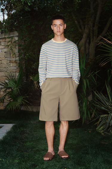 Zara 條紋亞麻棉質長袖 T 恤 - 條紋