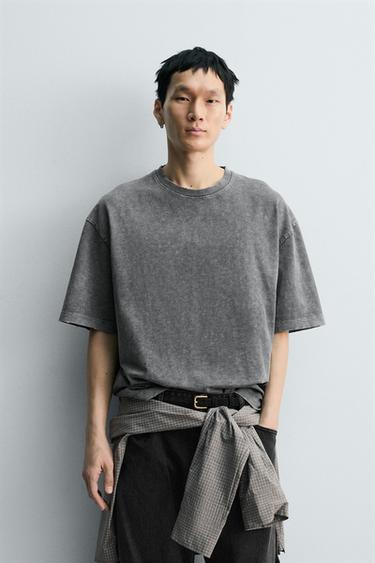 Zara RELAXED FIT SLUB TEXTURE WASHED T-SHIRT - Dark anthracite