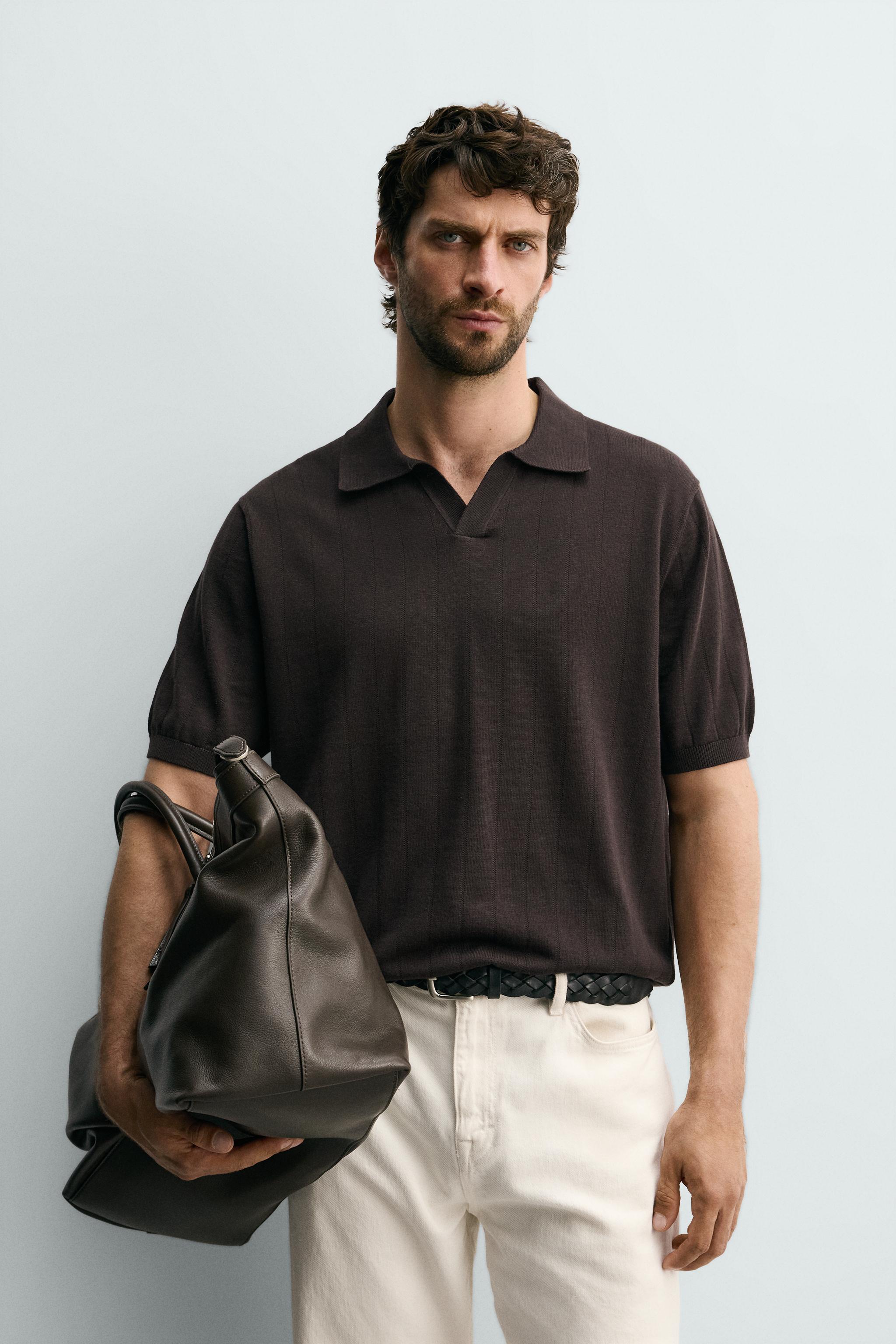 REGULAR FIT RIBBED KNIT POLO — Chocolate
