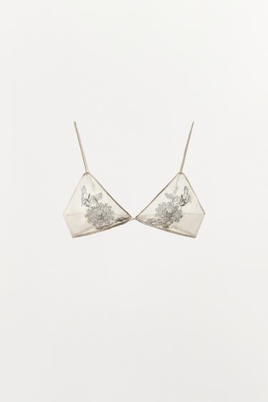 Zara 100% SILK LACE TRIANGLE BRA - white