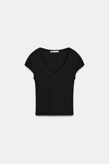 Zara V-NECK CROP T-SHIRT - Black