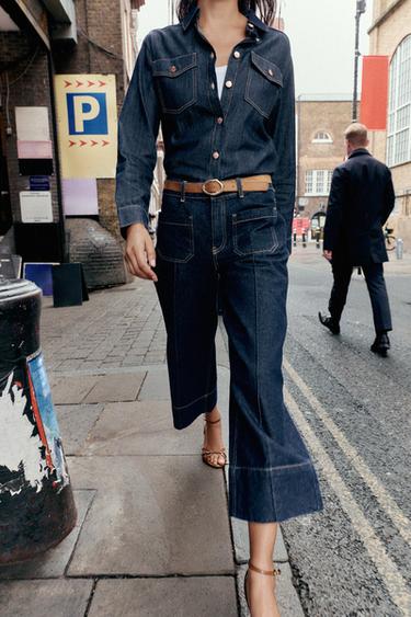 JEAN Z1975 COURT À JAMBES LARGES TAILLE HAUTE CEINTURE - Bleu de Zara