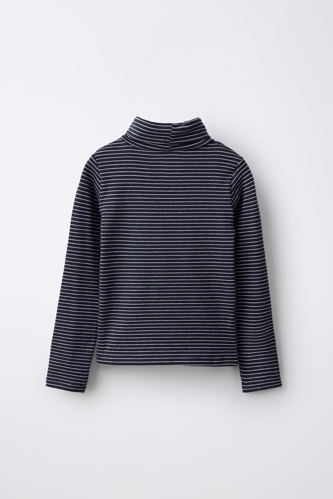 STRIPED COTTON AND MODAL TURTLENECK T-SHIRT — Navy blue