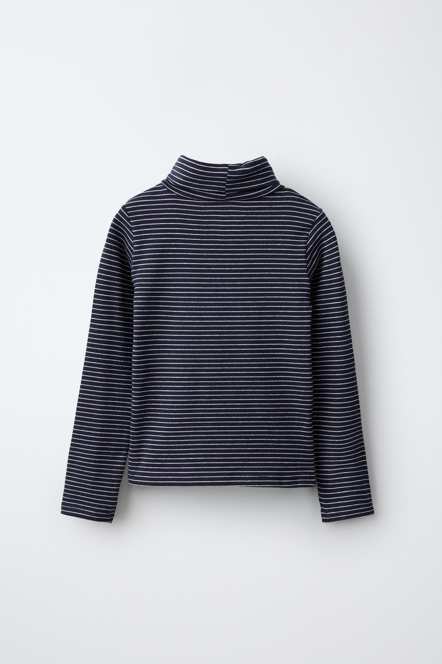 Детская футболка Zara Striped Cotton and Modal Turtleneck, цвет: Тёмно-синий — фото 2