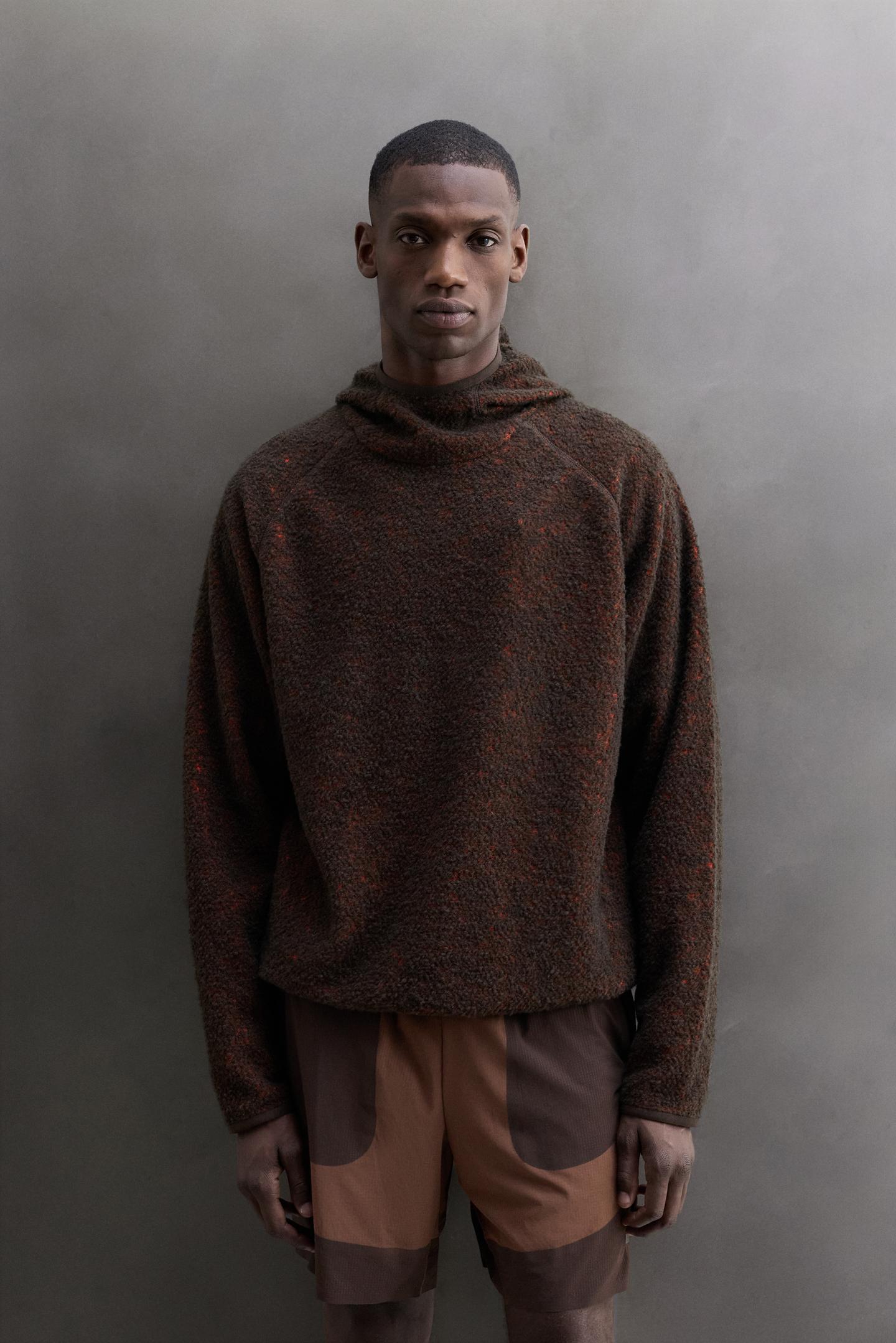 Мужское худи Zara Wool-Blend Fleece Hooded, цвет: Коричневый — фото 2