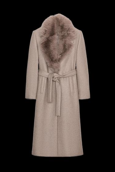 WOOL COAT WITH FAUX FUR LAPEL AND BELT - Light mink by Zara - Image 0