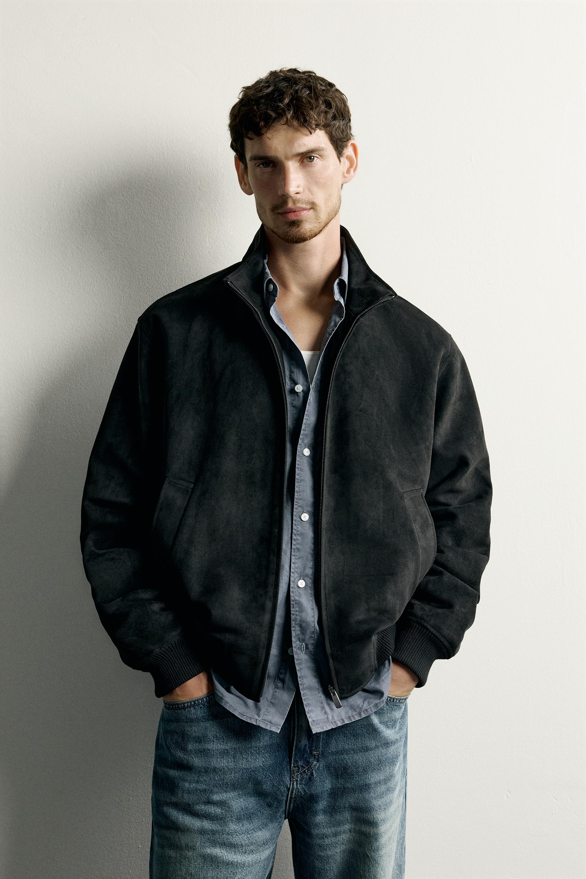 REGULAR FIT FAUX SUEDE JACKET — Black