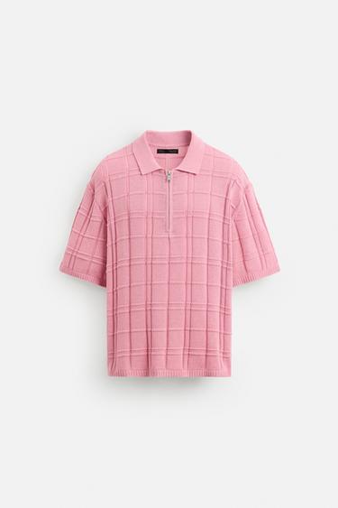CHECKERED JACQUARD KNIT POLO SHIRT - Pink by Zara - Image 6