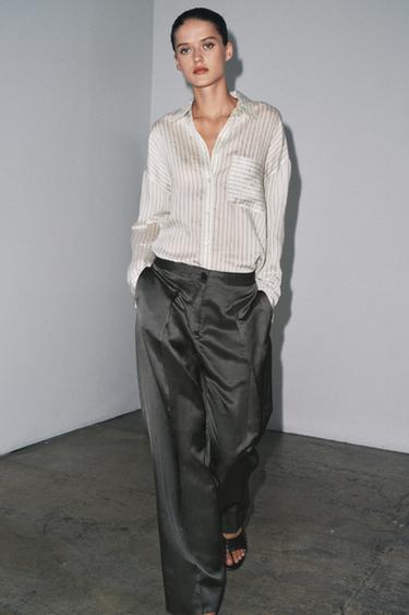 SATIN LINEN BLEND TROUSERS ZW COLLECTION - Charcoal by Zara - Image 3