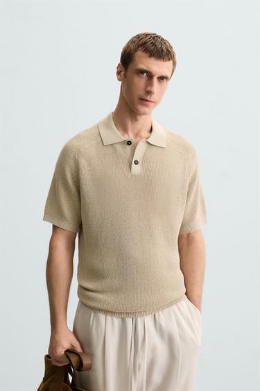 Zara TEXTURED KNIT POLO SHIRT - Beige