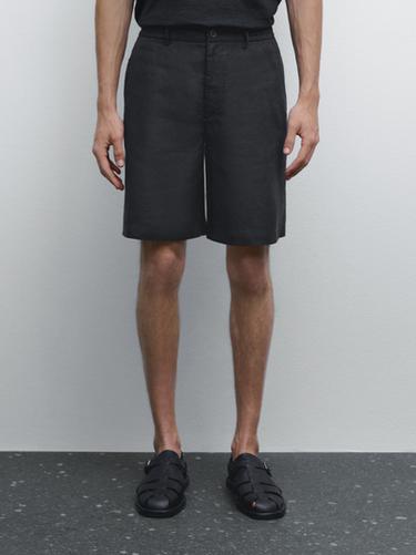 Zara 100% linen semi-jogger fit Bermuda shorts - Navy blue - Image 0