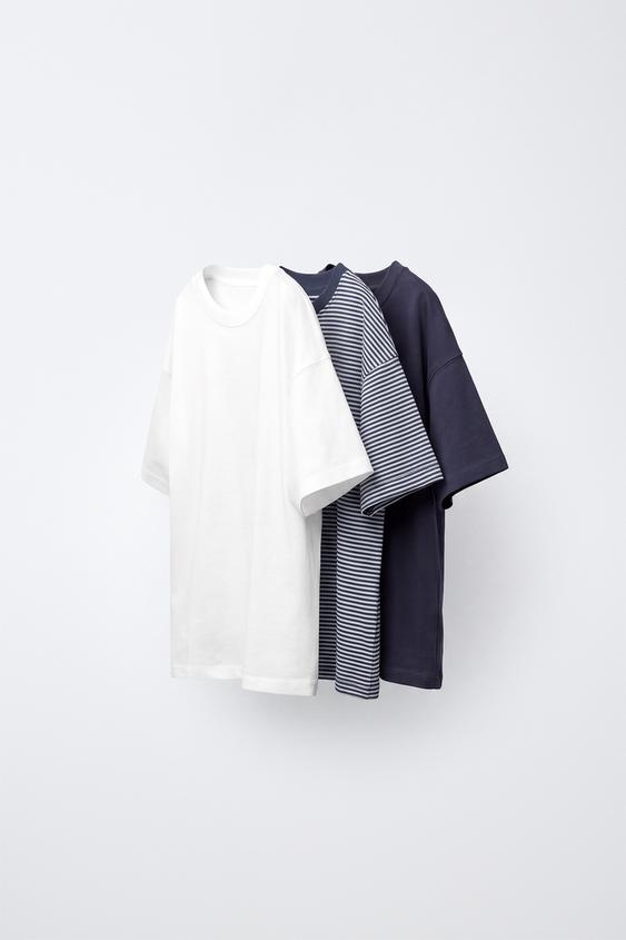PACK TRES CAMISETAS ESTAMPADAS Y LISAS - Azul de Zara - Imagen 0