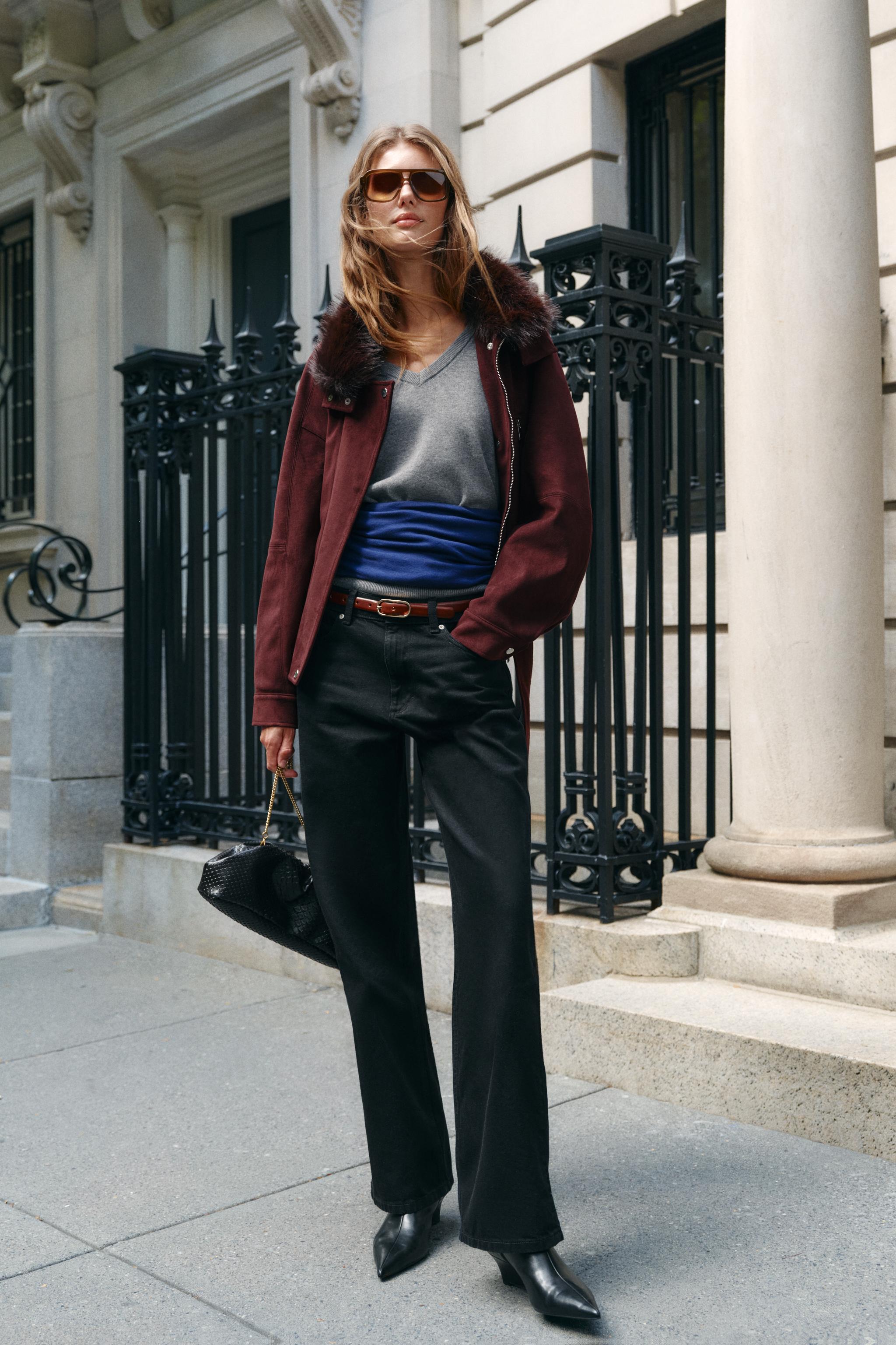 FAUX-FUR COLLAR BELTED JACKET - Aubergine | ZARA Singapore