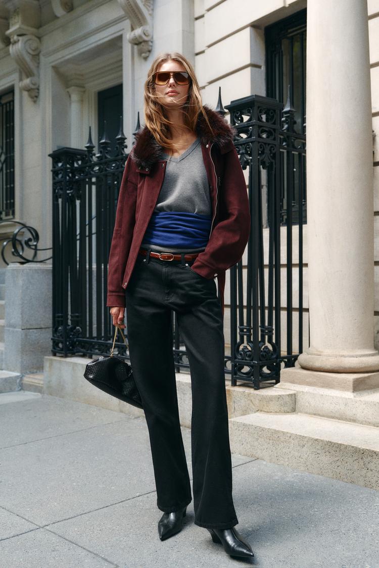 FAUX-FUR COLLAR BELTED JACKET