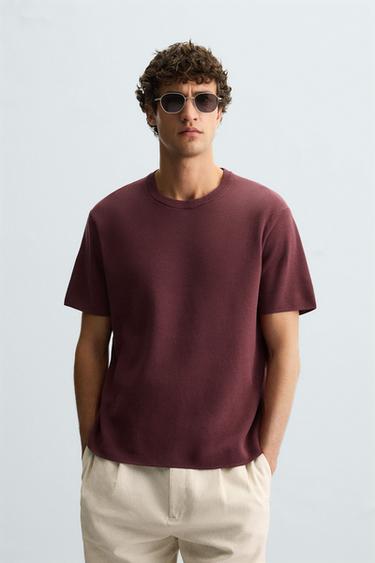 TEXTURED KNIT T-SHIRT - Burgundy by Zara