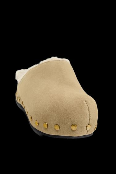 STUDDED SPLIT SUEDE CLOGS - Sand Brown by Zara