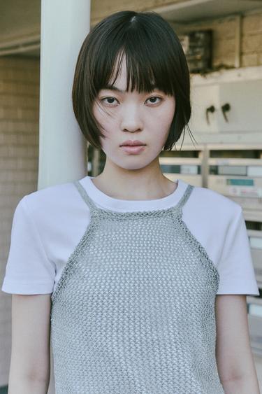 메탈릭 얀 크로셰 탑 - Zara 실버