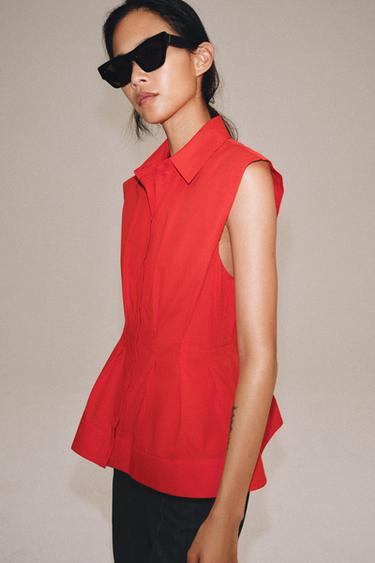 ZW COLLECTION PLEATED SLEEVELESS SHIRT - Intense red by Zara