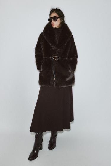 FAUX FUR BELTED COAT - Brown by Zara