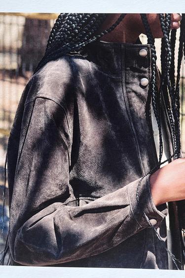 CAZADORA 100% PIEL BOLSILLOS - kaki oscuro de Zara