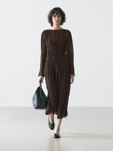 Zara Flowing midi dress with gathered detail - Brown - Image 0