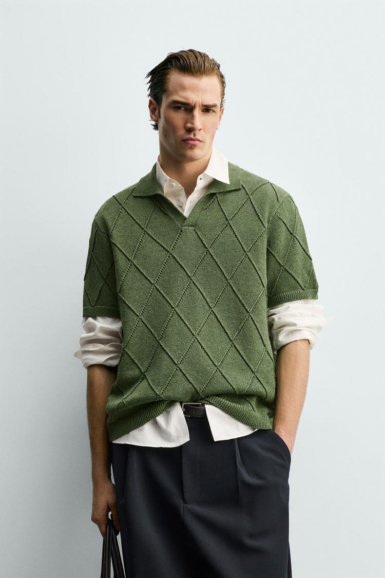 ZARA OPENWORK TEXTURED KNIT POLO SHIRT