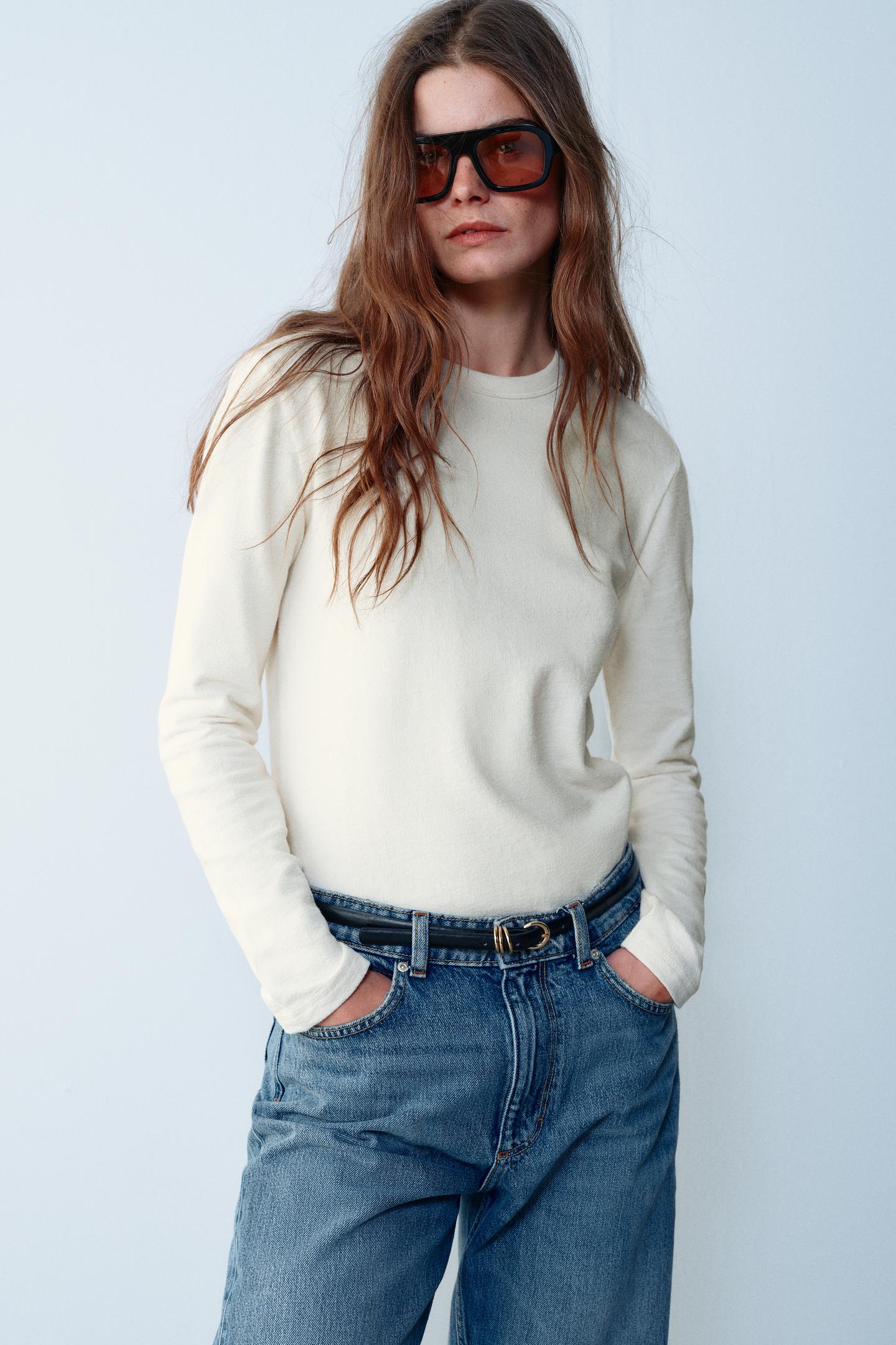 Женская футболка Zara Crew Neck, цвет: Экрю — фото 2