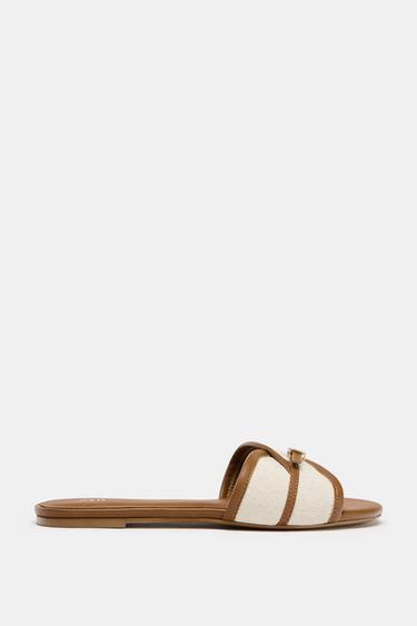 BUCKLED FABRIC FLAT SANDALS - Dark tan by Zara - Image 0