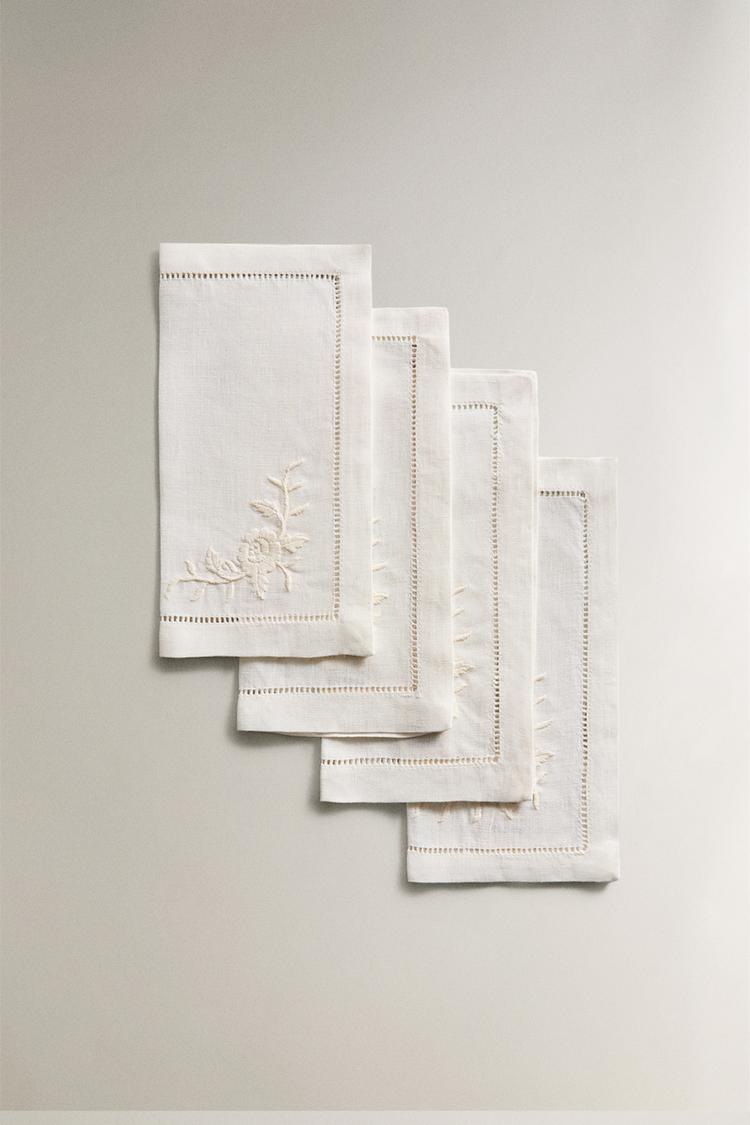 SET OF EMBROIDERED LINEN COCKTAIL NAPKINS (SET OF 4)