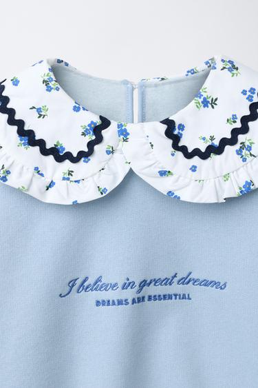 PETER PAN COLLAR SWEATSHIRT WITH SCALLOPED TRIM AND EMBROIDERED SLOGAN - Sky blue by Zara - Image 2