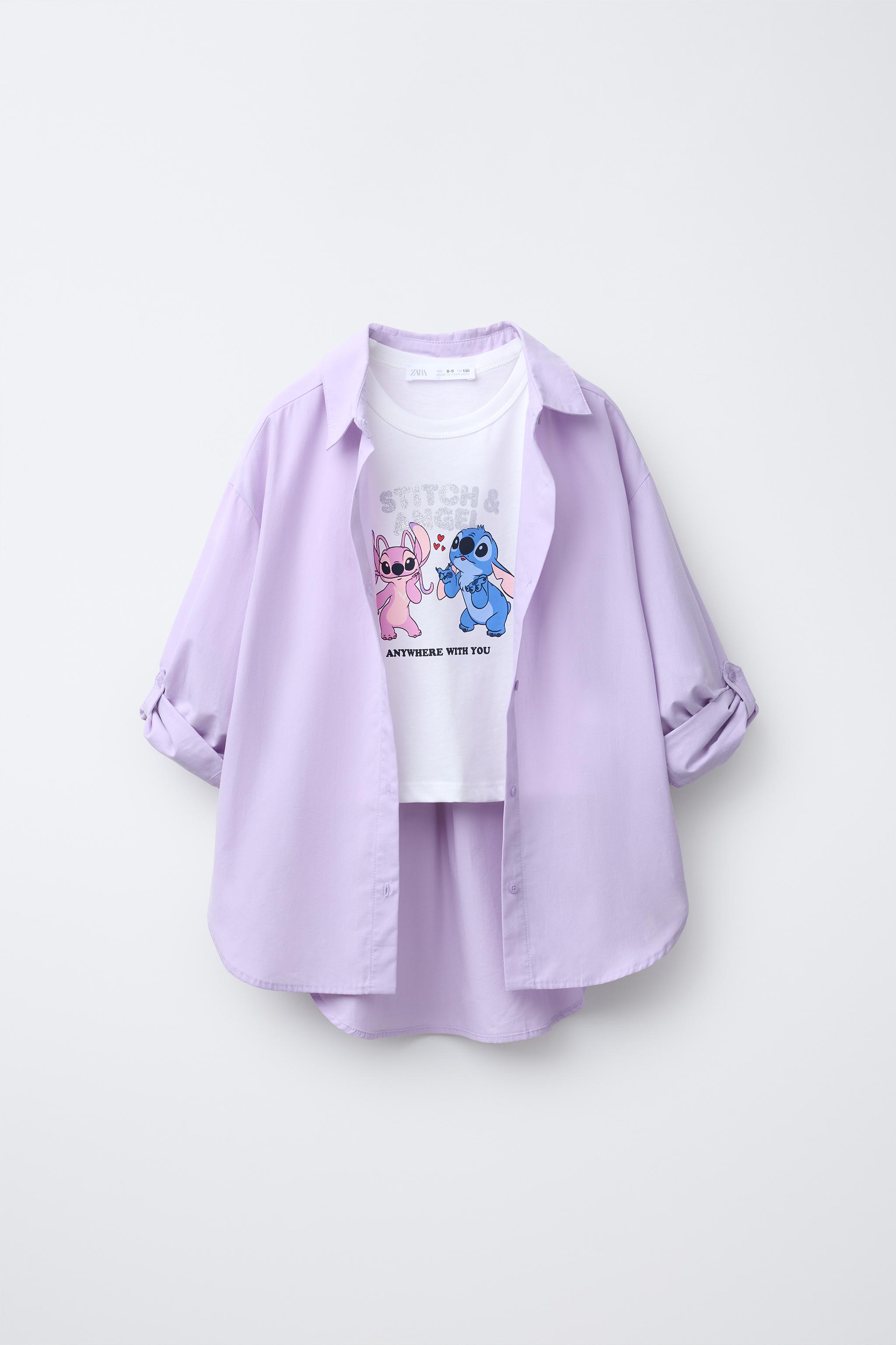 【2plan】Trans stitch long sleeve PLAIN SHIRT AND CROPPED LILO & STITCH © DISNEY T-SHIRT SET