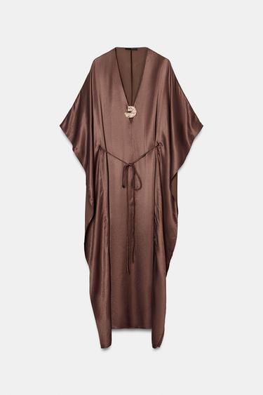KAFTAN DRESS WITH METAL APPLIQUE BELT - Brown by Zara