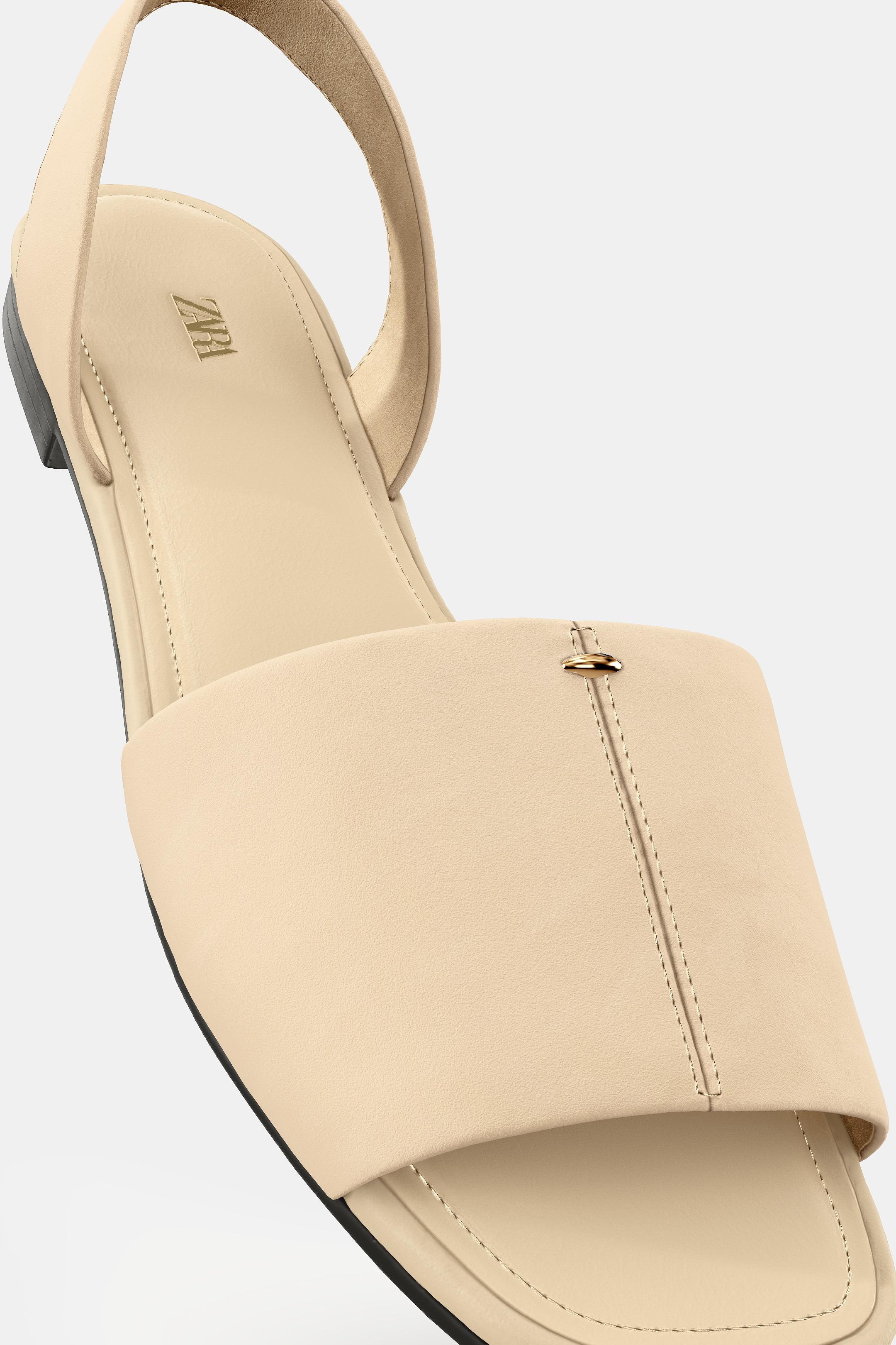 SANDALES PLATES EN CUIR À BRIDES - Marron sable de Zara