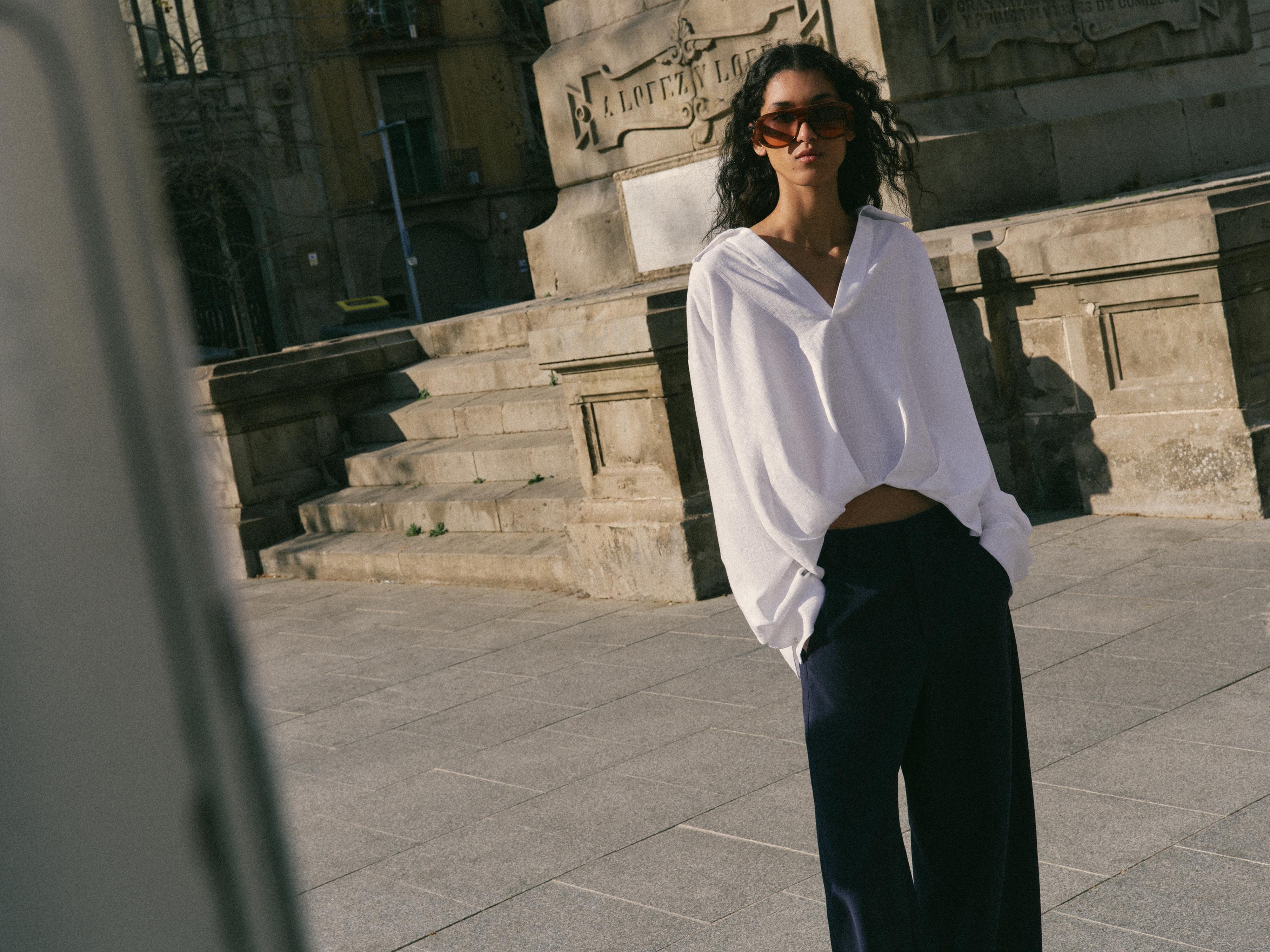 LINEN BLEND SHIRT WITH PUFFED HEM — White