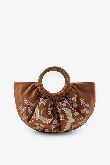 FÄCHERTASCHE MIT BLUMEN- UND VOGELSTICKEREI - Braun von Zara