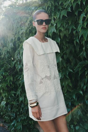 Zara ZW COLLECTION EMBROIDERED SHORT DRESS - White