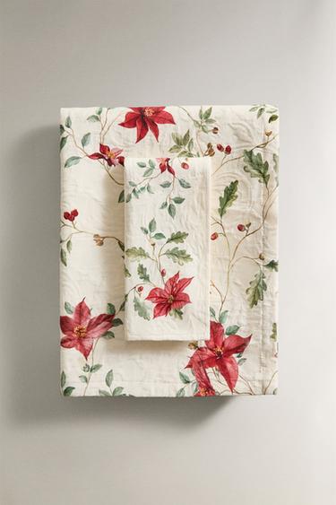 COTTON CHRISTMAS FLORAL JACQUARD TABLECLOTH - Greenish by Zara