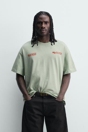 Zaras URTVÄTTAD T-SHIRT MED TEXTTRYCK - Havsgrön