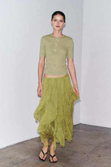 Zara BUTTONED LINEN T-SHIRT - Green - Image 0