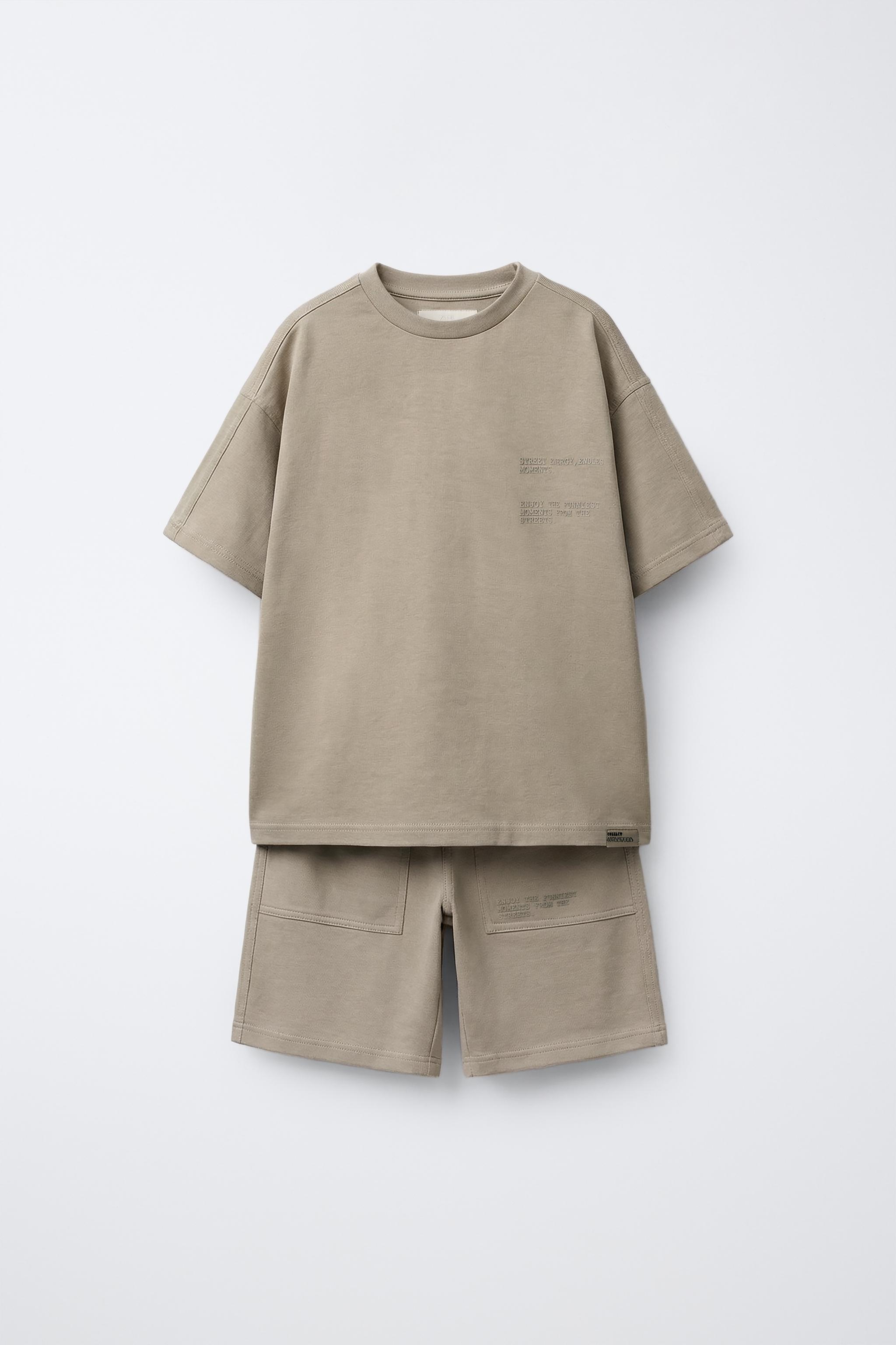TEXTURED SLOGAN T-SHIRT AND BERMUDA SHORTS SET - Sand | ZARA Australia