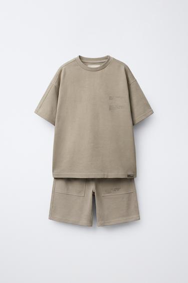 TEXTURED SLOGAN T-SHIRT AND BERMUDA SHORTS SET - Sand by Zara - Image 0