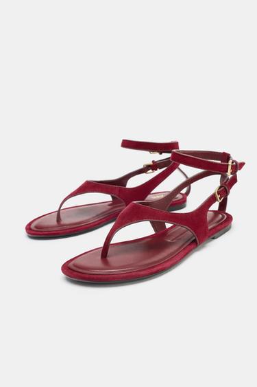 SPLIT SUEDE FLAT TOE POST SANDALS - Red by Zara - Image 2