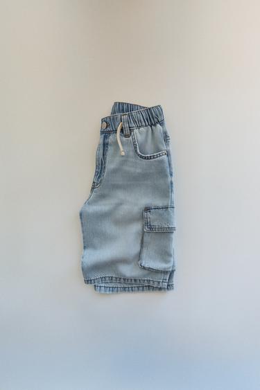 Zara FLOWY LOOSE CARGO DENIM SHORTS - Blue