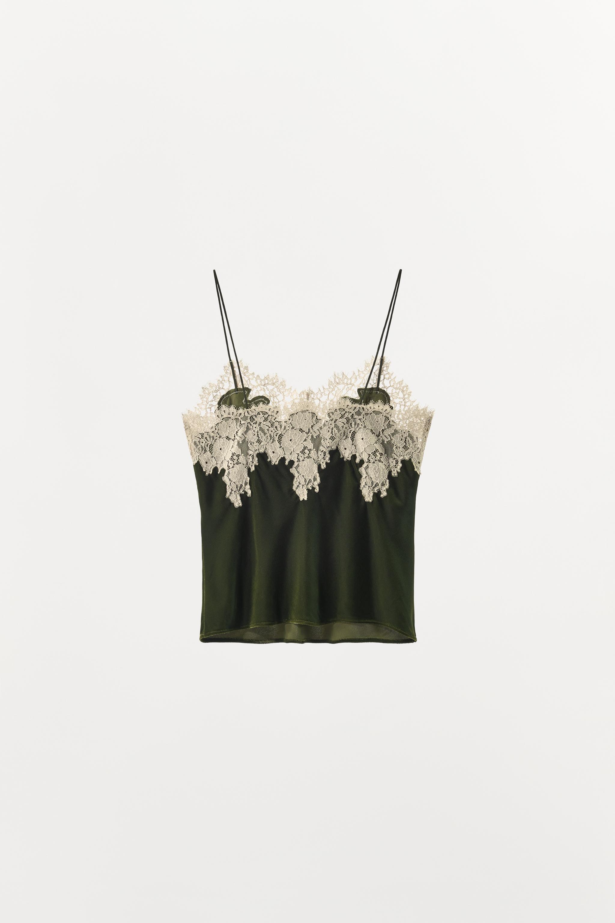 VELVET LACE TOP - Green | ZARA United States