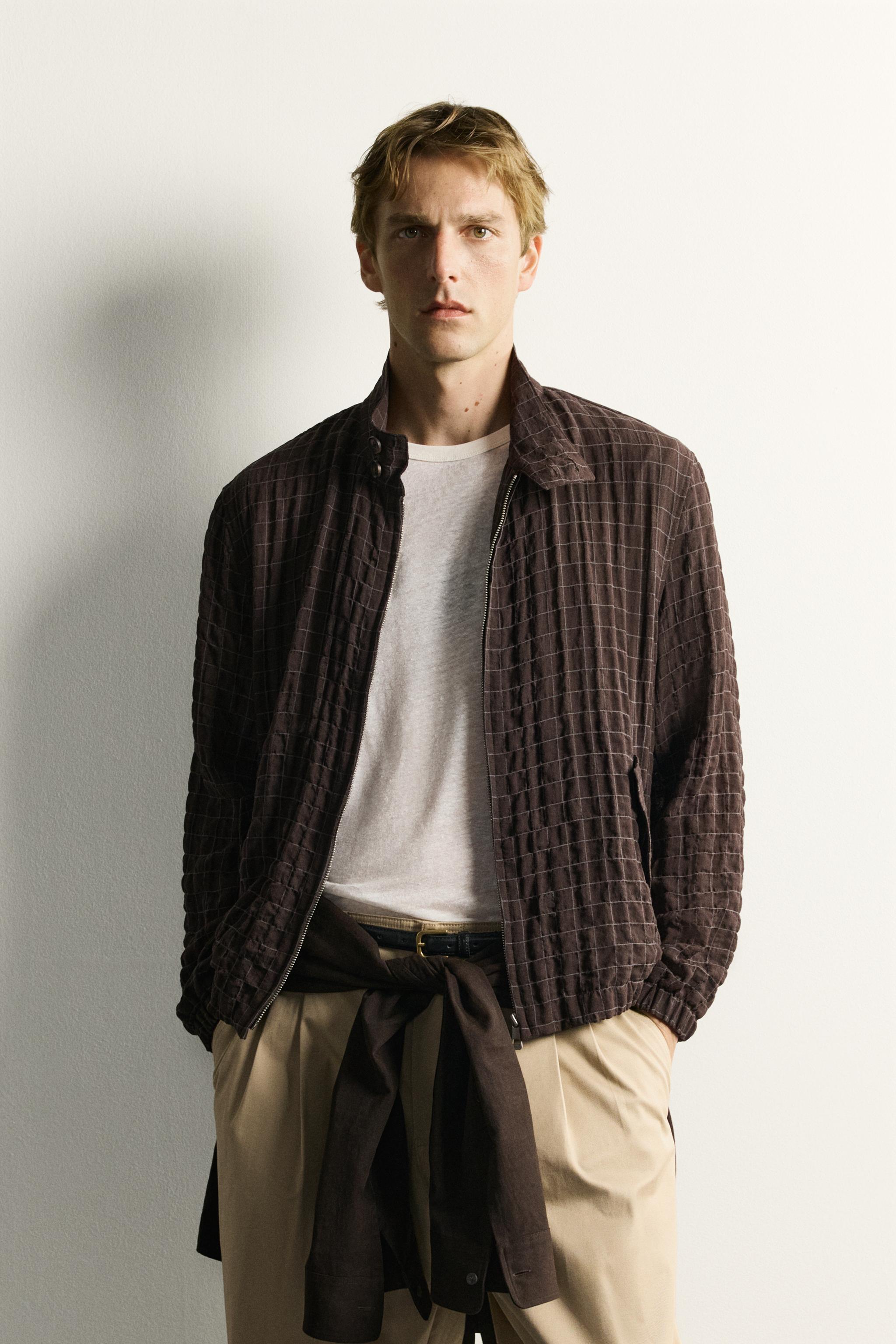 CROPPED FIT CHECKERED JACKET — Chocolate